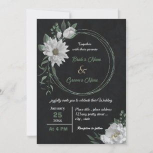 romantic white flowers botanical black wedding  invitation