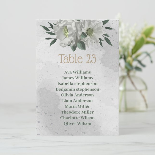 romantic white flowers botanical seating chart invitation (Standing Front)