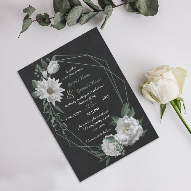 romantic white flowers geometric black wedding  invitation (Creator Uploaded)