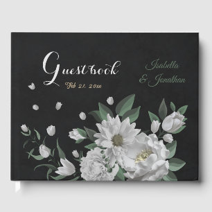 romantic white flowers & green leaves black guest book