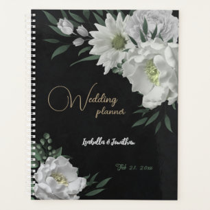 romantic white flowers & green leaves black planner