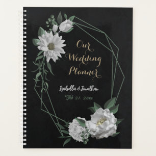 romantic white flowers & green leaves black planner