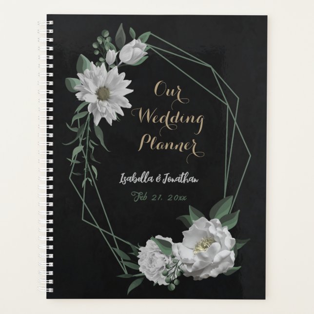 romantic white flowers & green leaves black planner (Front)