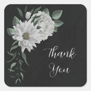 romantic white flowers & green leaves black square sticker
