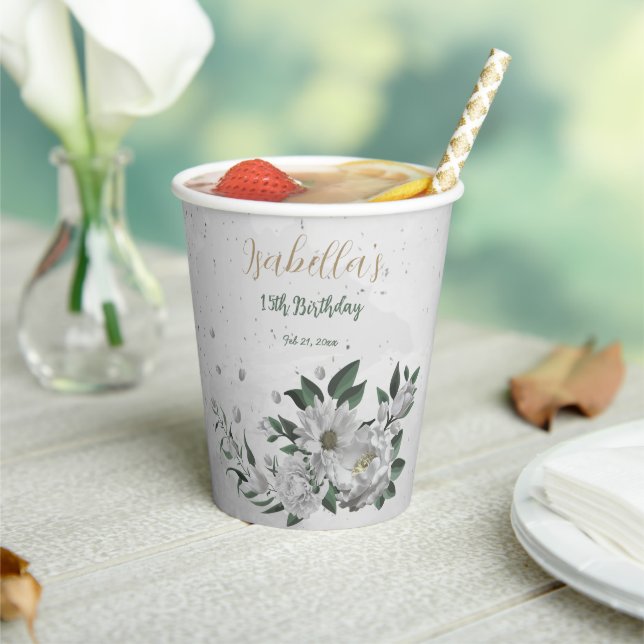 romantic white flowers & green leaves  paper cups (Insitu)
