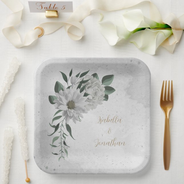 romantic white flowers & green leaves  paper plate (Wedding)