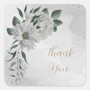 romantic white flowers & green leaves square sticker