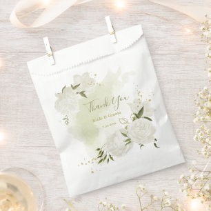 romantic white flowers green leaves wedding favour bag