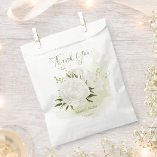 romantic white flowers green leaves wedding favour bag