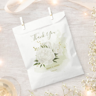 romantic white flowers green leaves wedding favour bag