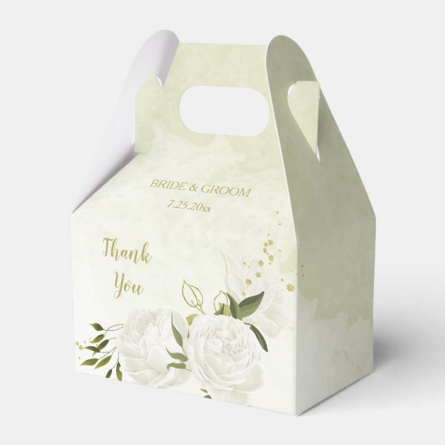 romantic white flowers green leaves wedding favour box (Front Side)