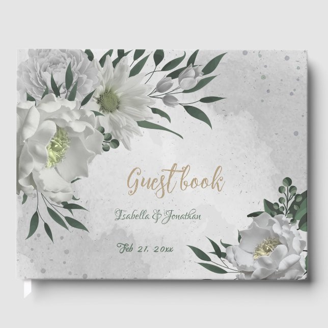 romantic white flowers & green leaves wedding guest book (Front)