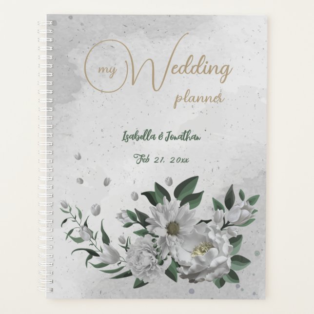 romantic white flowers & green leaves wedding planner (Front)