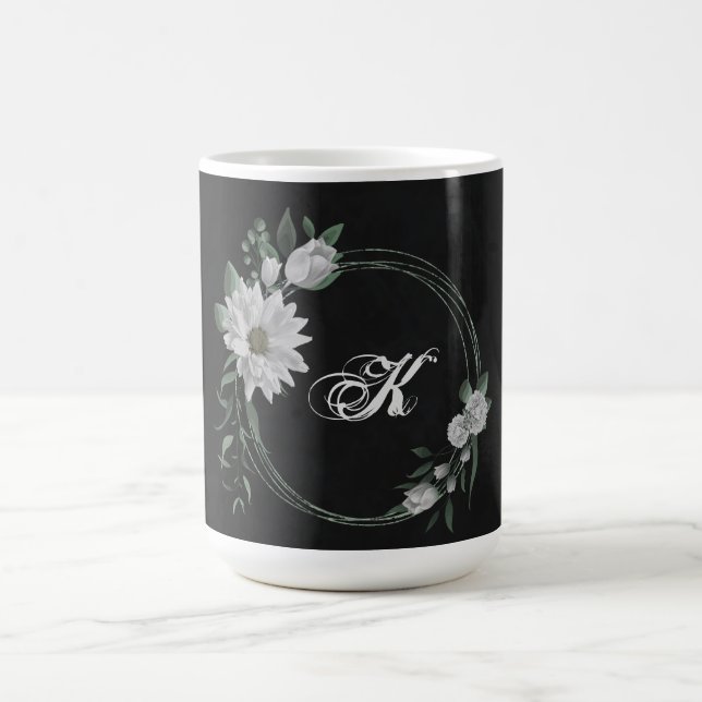 romantic white flowers greenery black coffee mug (Center)