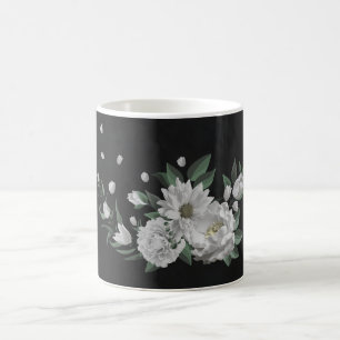 romantic white flowers greenery black coffee mug