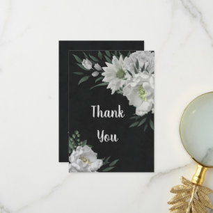romantic white flowers greenery black thank you card