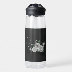 romantic white flowers greenery black water bottle