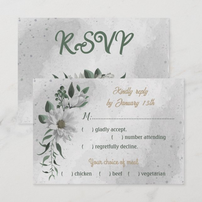 romantic white flowers greenery meal choice RSVP card (Front/Back)