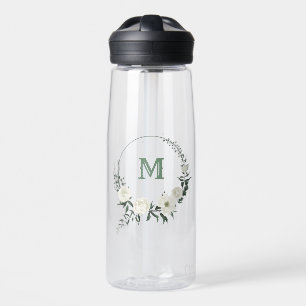 romantic white flowers greenery water bottle
