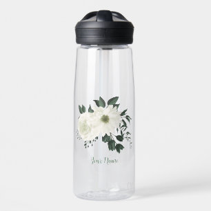 romantic white flowers greenery water bottle