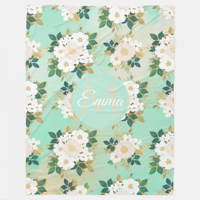 Romantic White Flowers Mint Watercolor Design Fleece Blanket (Front)