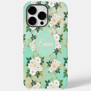 Romantic White Flowers Mint Watercolor Design iPhone 14 Pro Max Case