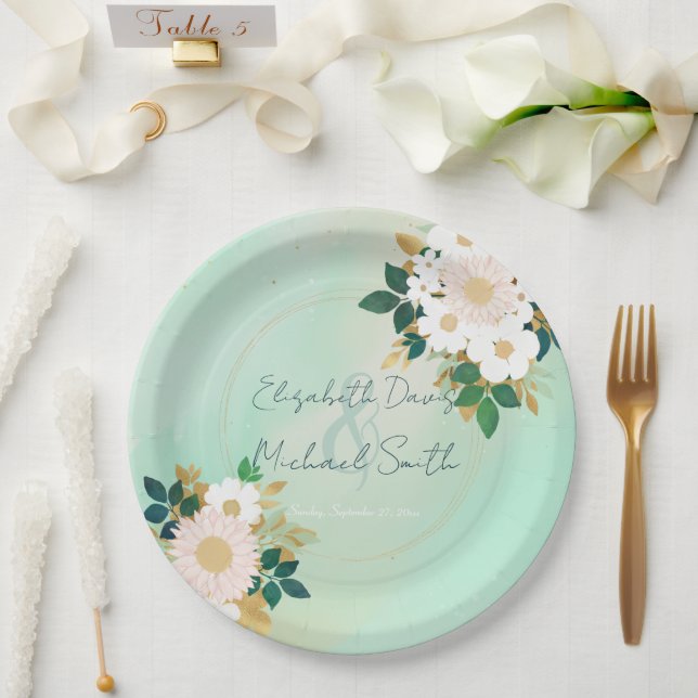 Romantic White Flowers Mint Watercolor Design Paper Plate (Wedding)