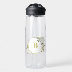 romantic white flowers with pretty green leaves water bottle