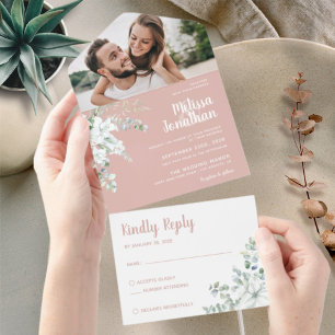Romantic white gentle flower pink photo wedding all in one invitation