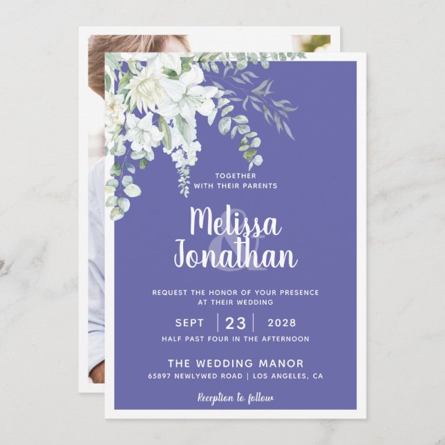 Romantic white gentle flower purple photo wedding invitation (Front/Back)