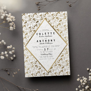 Romantic white gold floral luxury wedding invitation