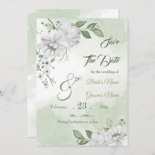 Romantic white greenery floral save the date (Front/Back)