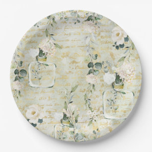 Romantic White Greenery & Gold Botanical Floral Paper Plate