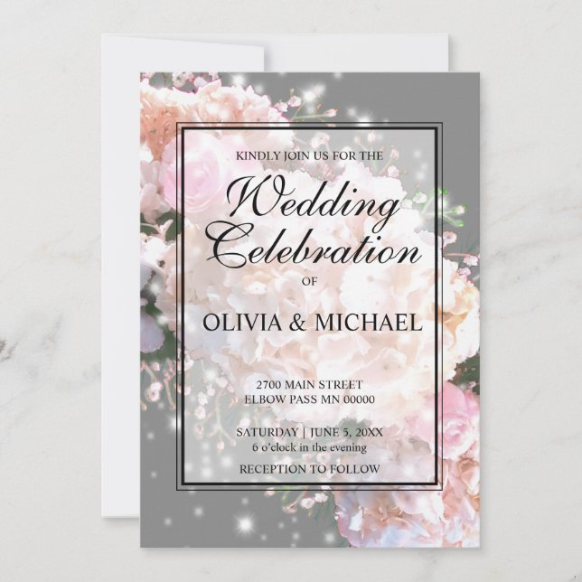 Romantic white & grey lace hydrangeas pink roses invitation (Front)