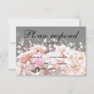 Romantic white & grey lace hydrangeas pink roses RSVP card