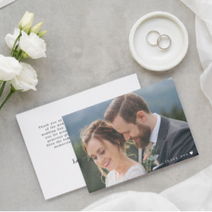 Romantic White Heart Big Photo Wedding Thank You Card
