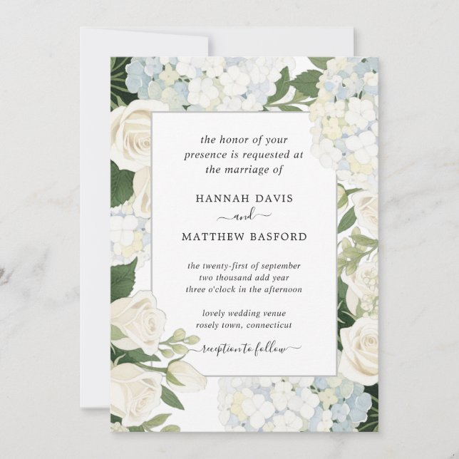 Romantic White Hydrangea Rose Elegant Wedding Invitation (Front)