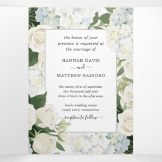 Romantic White Hydrangea Rose Elegant Wedding   Tri-Fold Invitation