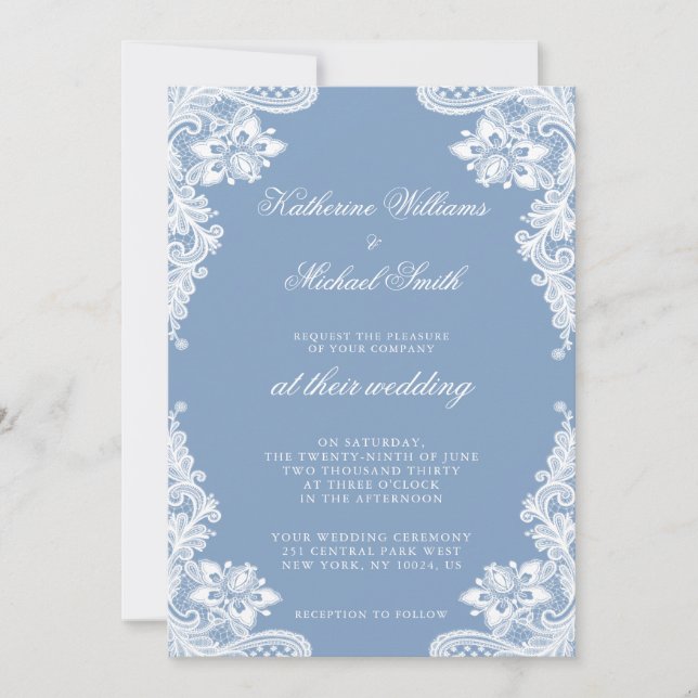Romantic White Lace And Blue Wedding Invitations (Front)