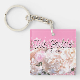 Romantic white lace hydrangeas pink roses Bride Key Ring