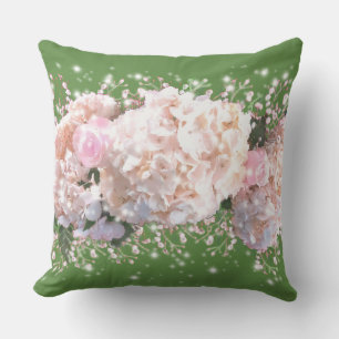 Romantic white lace hydrangeas pink roses cushion