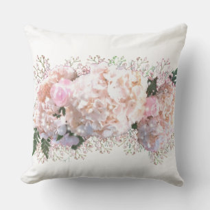 Romantic white lace hydrangeas pink roses cushion