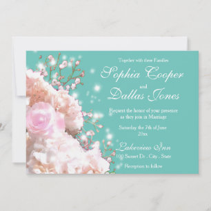Romantic white lace hydrangeas pink roses invitation