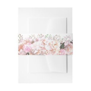 Romantic white lace hydrangeas pink roses invitation belly band