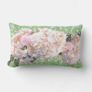 Romantic white lace hydrangeas pink roses lumbar cushion