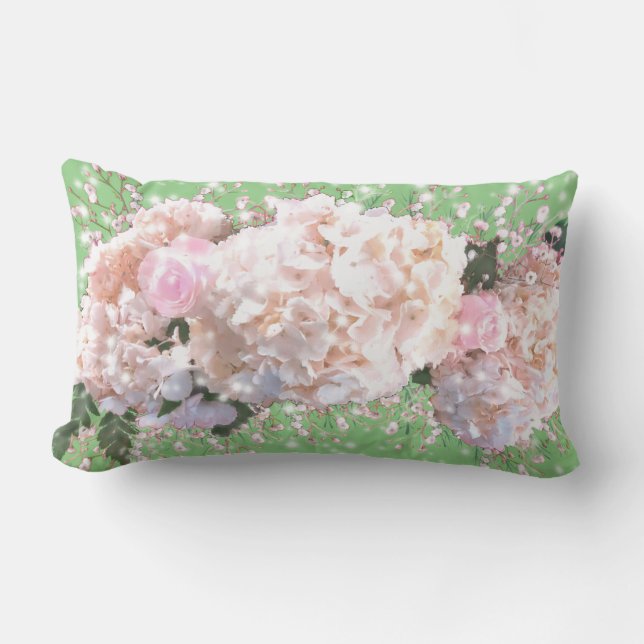 Romantic white lace hydrangeas pink roses lumbar cushion (Front)
