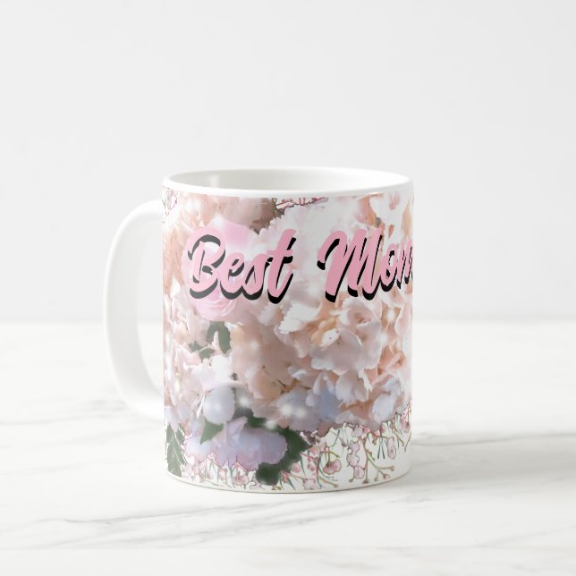 Romantic white lace hydrangeas pink roses mum coffee mug (Front Left)