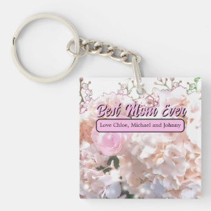 Romantic white lace hydrangeas pink roses mum key ring