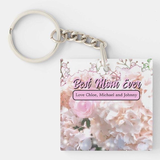 Romantic white lace hydrangeas pink roses mum key ring (Front)