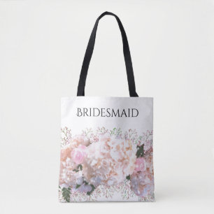 Romantic white lace hydrangeas pink roses tote bag